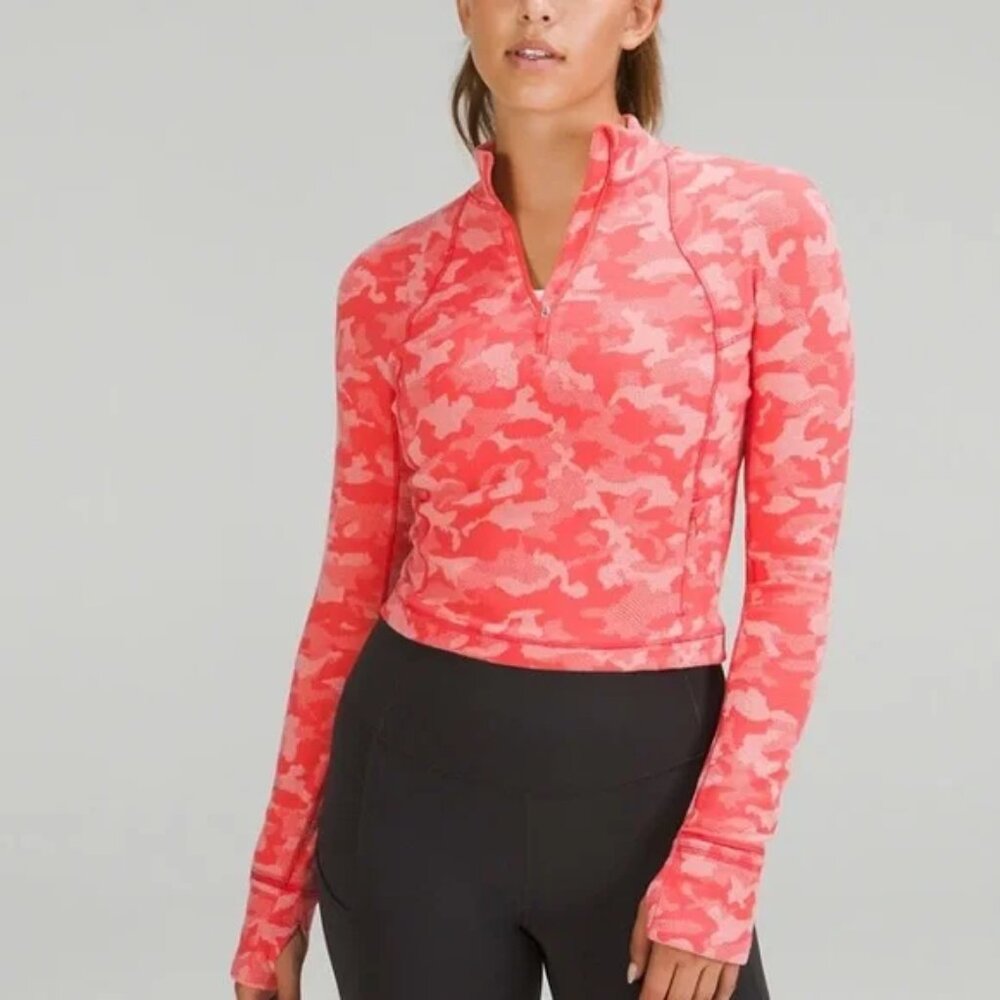 lululemon It's Rulu Run Cropped Half Zip Fleece Long Sleeve Pink Camo Size 8